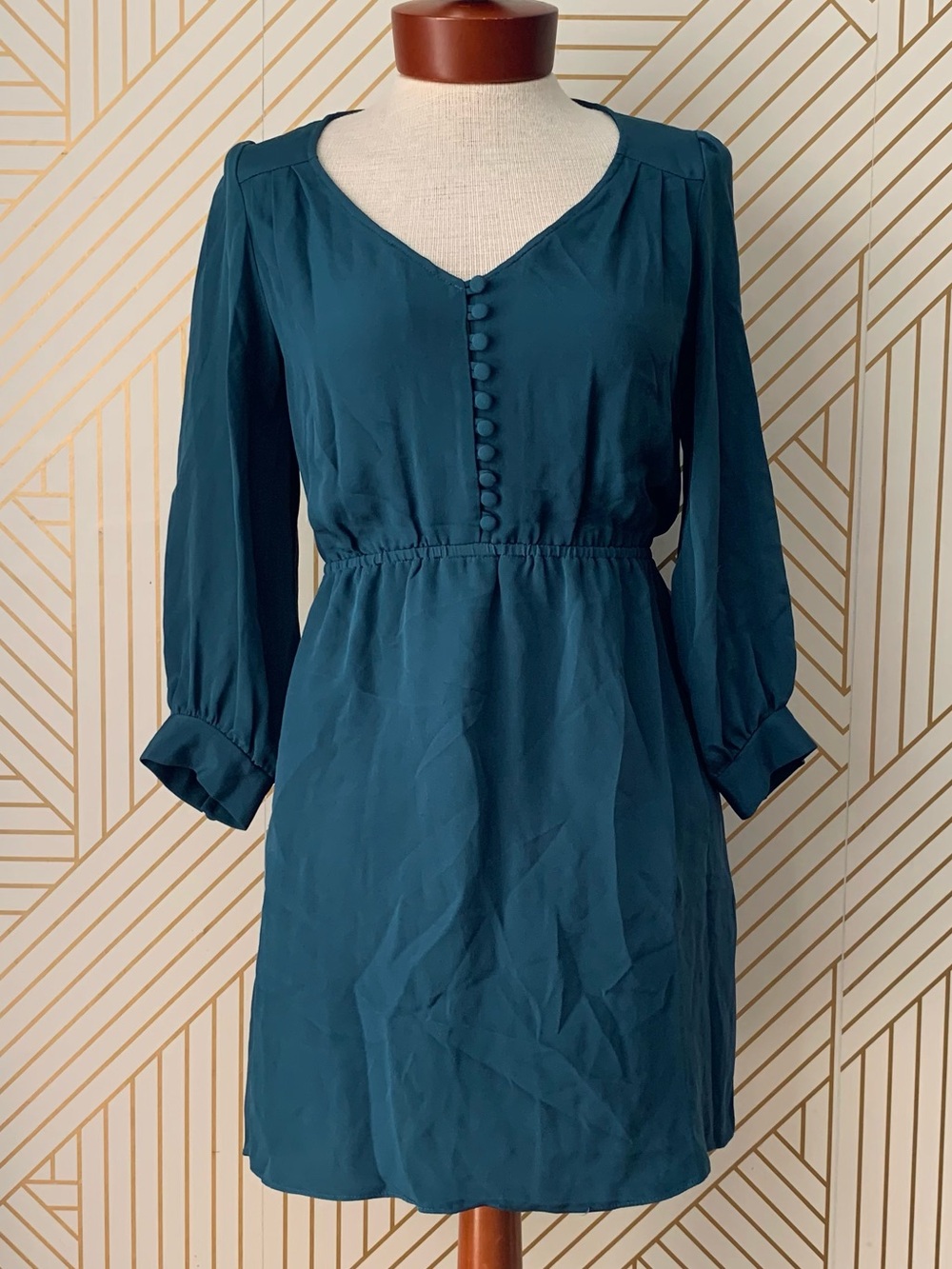 Anlo 100% Silk Babydoll puff sleeve empire fit & flare  Dress button bust teal P
